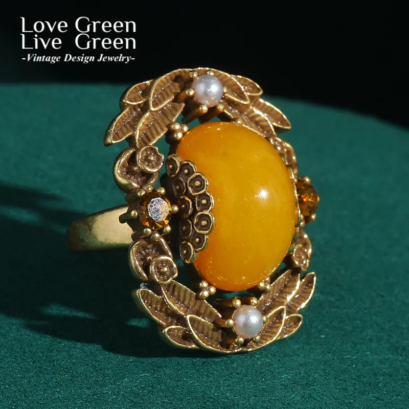 

Vintage Rings Yellow Oval Natural Stone Antique Gold Color Leaf Designer Jewelry For Woman Brand Accessories Luxury 2025