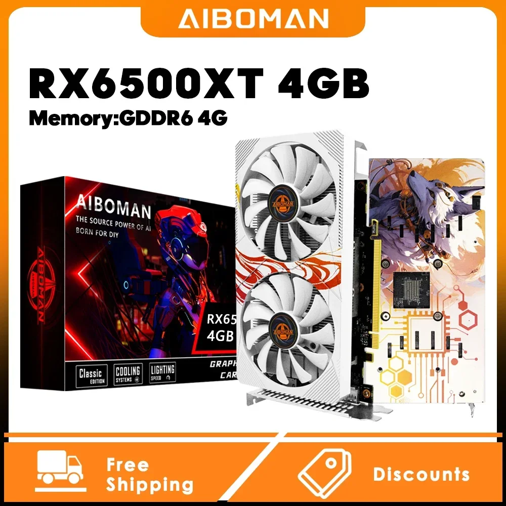 AIBOMAN RX6500XT 4G Fox Backboard Pattern GDDR6 64Bit Outputinterface HDMI*1+DP*1  gaming on computer graphics card