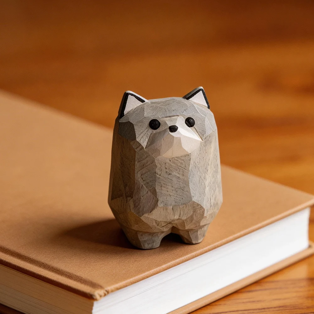 Hand Carved Decorative Wooden Mini Wolf Figurine Cute Animal Statue Home Desk Decor Decoration Small Craft Ornament Gift