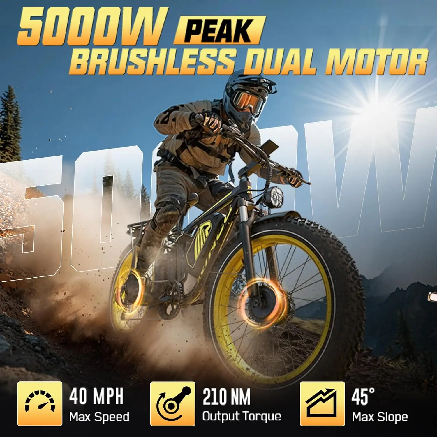 5000W Dual Motor Electric Bike, 52V 30Ah 45MPH 210Nm, 26x4 Fat Tire All Terrain Full Suspension Hydraulic Brake, Customized