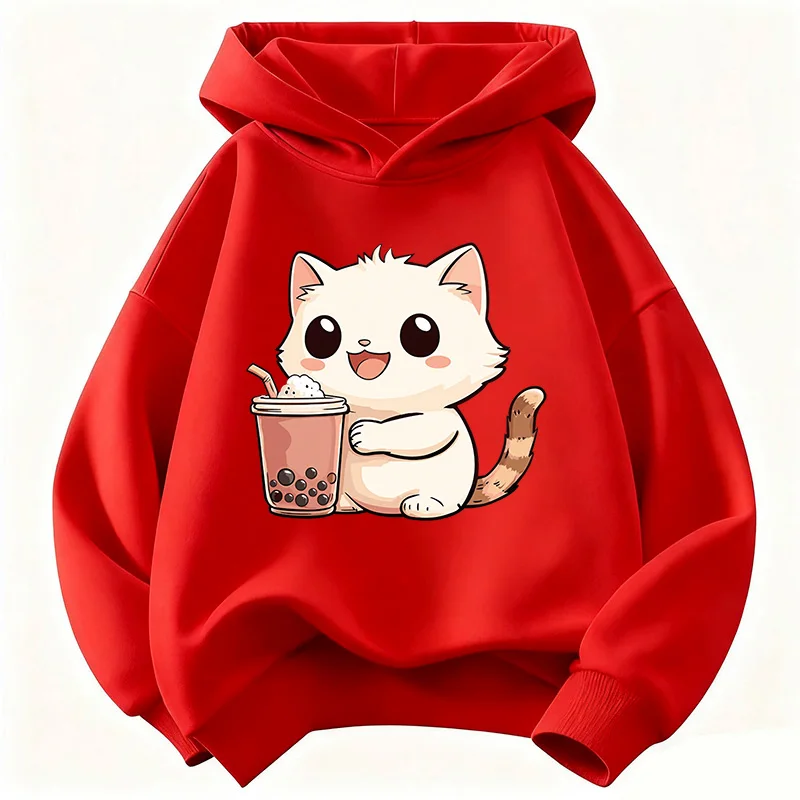 Cute Cat Drinking Hoodie Kids Cat Children's Sweatshirt Hoody for Boys Girls Casual Hoodies Hip Hop Clothes