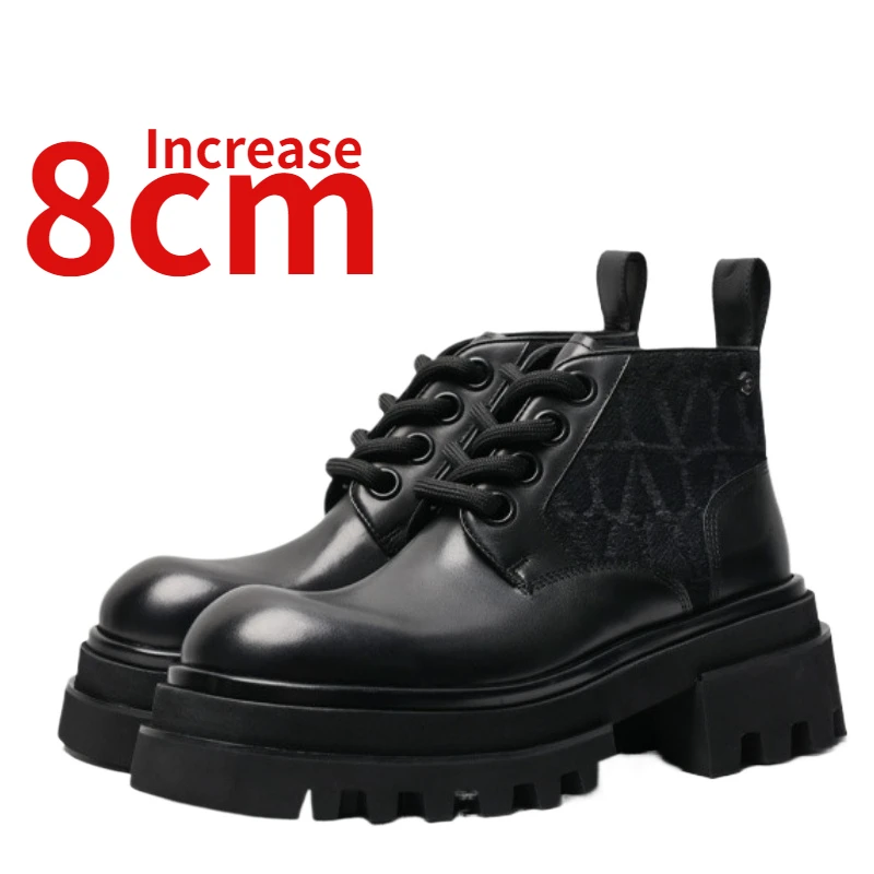 

Work Boots Casual Fashion Height Increasing Shoes for Men Increased 8cm Genuine Leather British Design Thick Soled Leather Boots