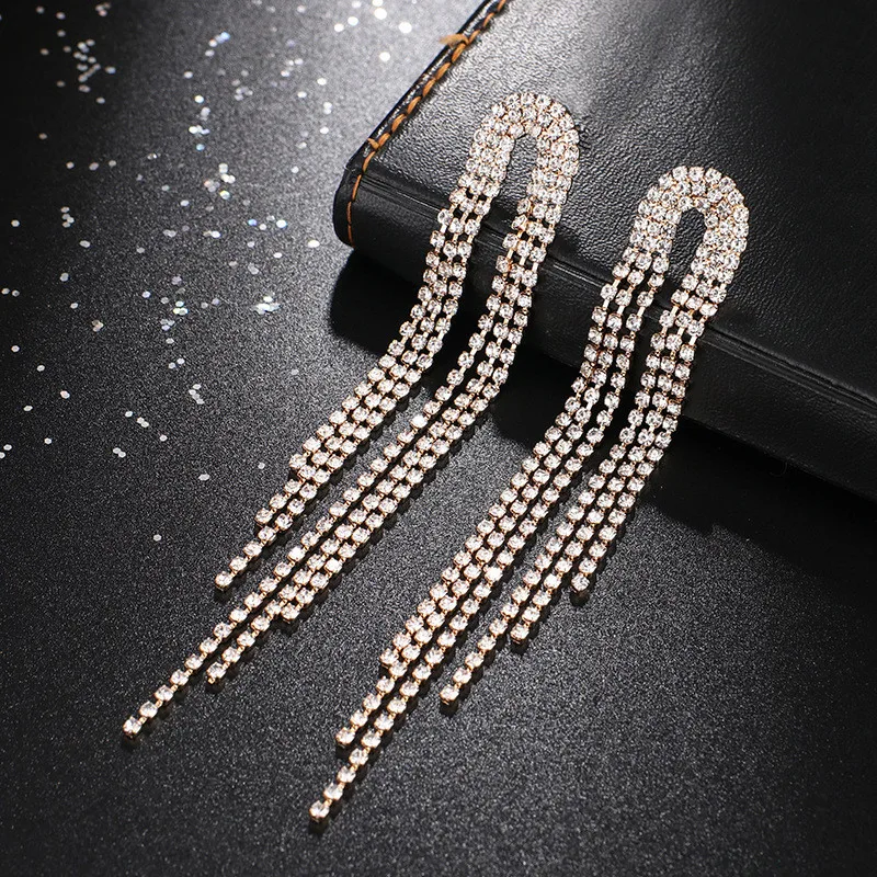 Fashion Statement Earring Long Full Rhinestone Big Earrings For Women Shining Tassel Dangle Earrings Wedding Jewelry Gift