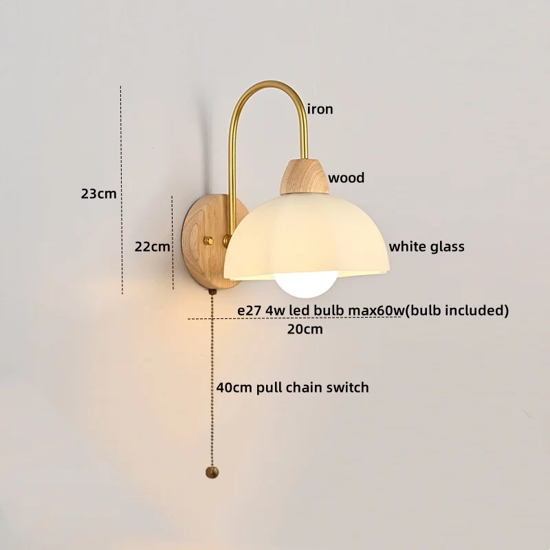 IWHD Glass Wood LED applique da parete illuminazione decorativa per camera da letto soggiorno Coffee Pull Chain Switch Modern comodino Lamp Mirror