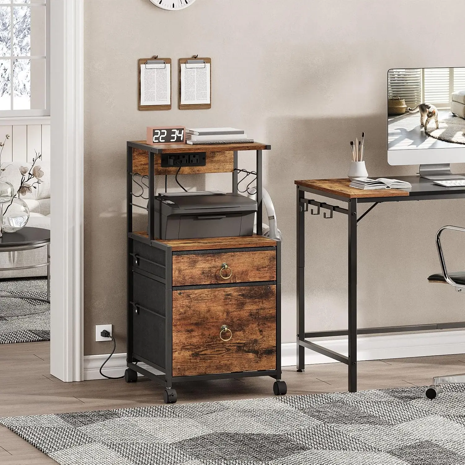 2-Drawer File Cabinet, Filing Cabinet with Charging Station, Office Cabinet with Open Shelf, Filing