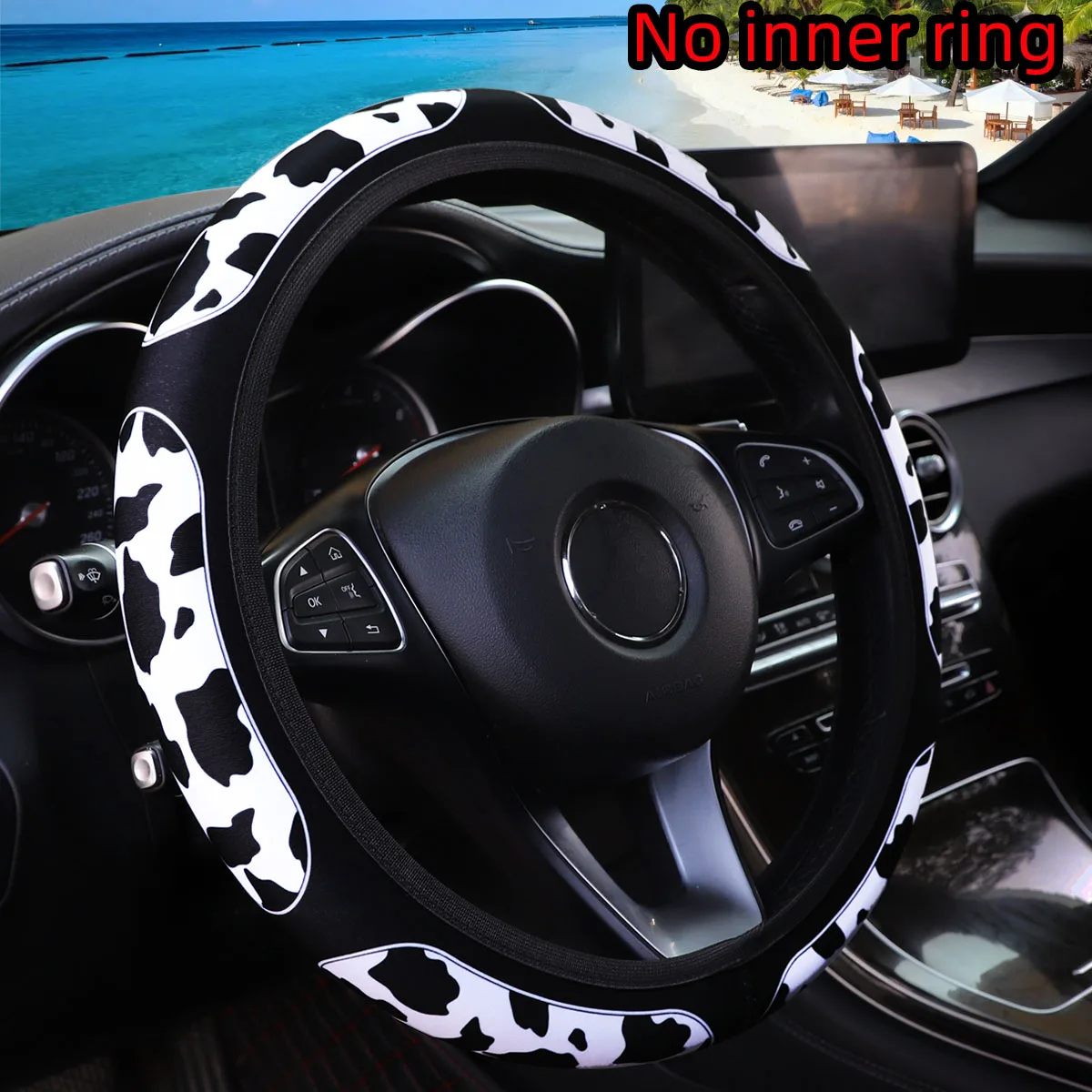 Cow check-patterned sunflower cherry blossom flower fabric print car without inner ring steering wheel cover 38CM women's