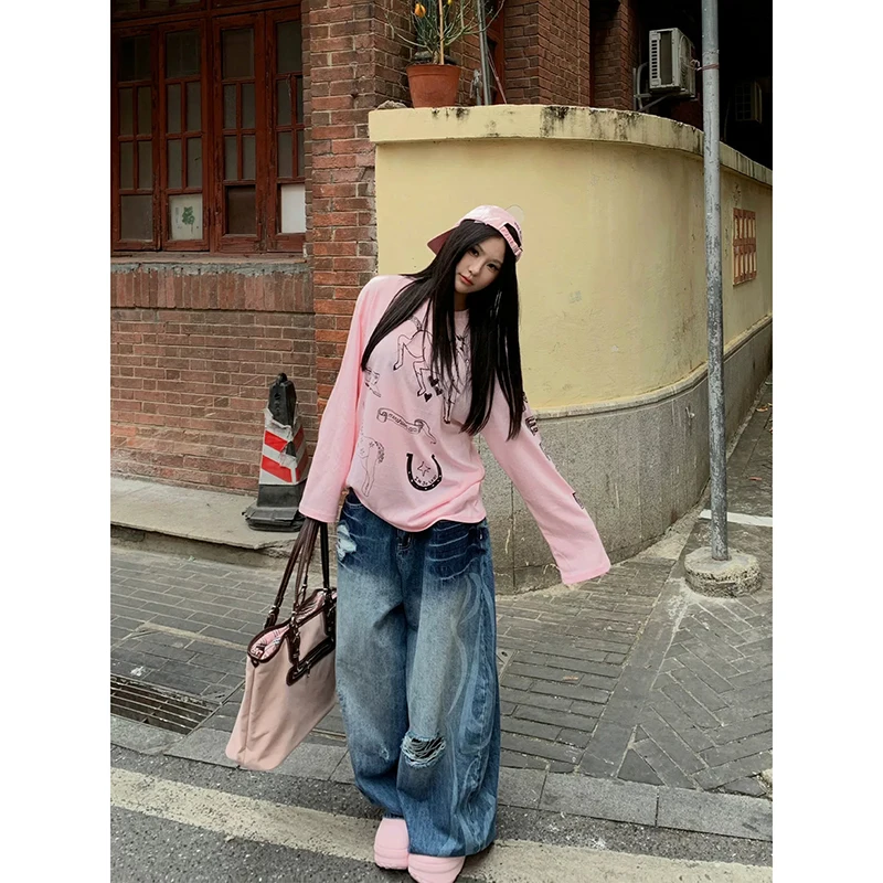 YIBASHU Women Jeans Baggy Wide Fit Boyfriend Denim Pants Grunge Punk Ripped Y2K Japanese Harajuku 2000s American Retro Design
