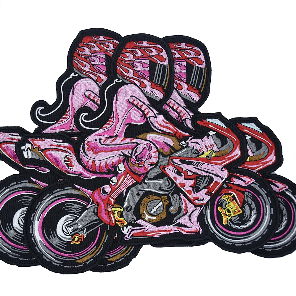 Pink Cool Lady Motorcycle Rider Iron on Embroidery Patches Biker Stickers Clothes Jacket Motorcycle Backpack Big on Badge