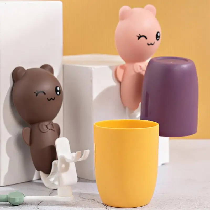 Toothbrush Holder with Cup Bear Wall Mounted Toothbrush Organizer Space Saving Toothbrush Holder for Kids & Adults No Drilling