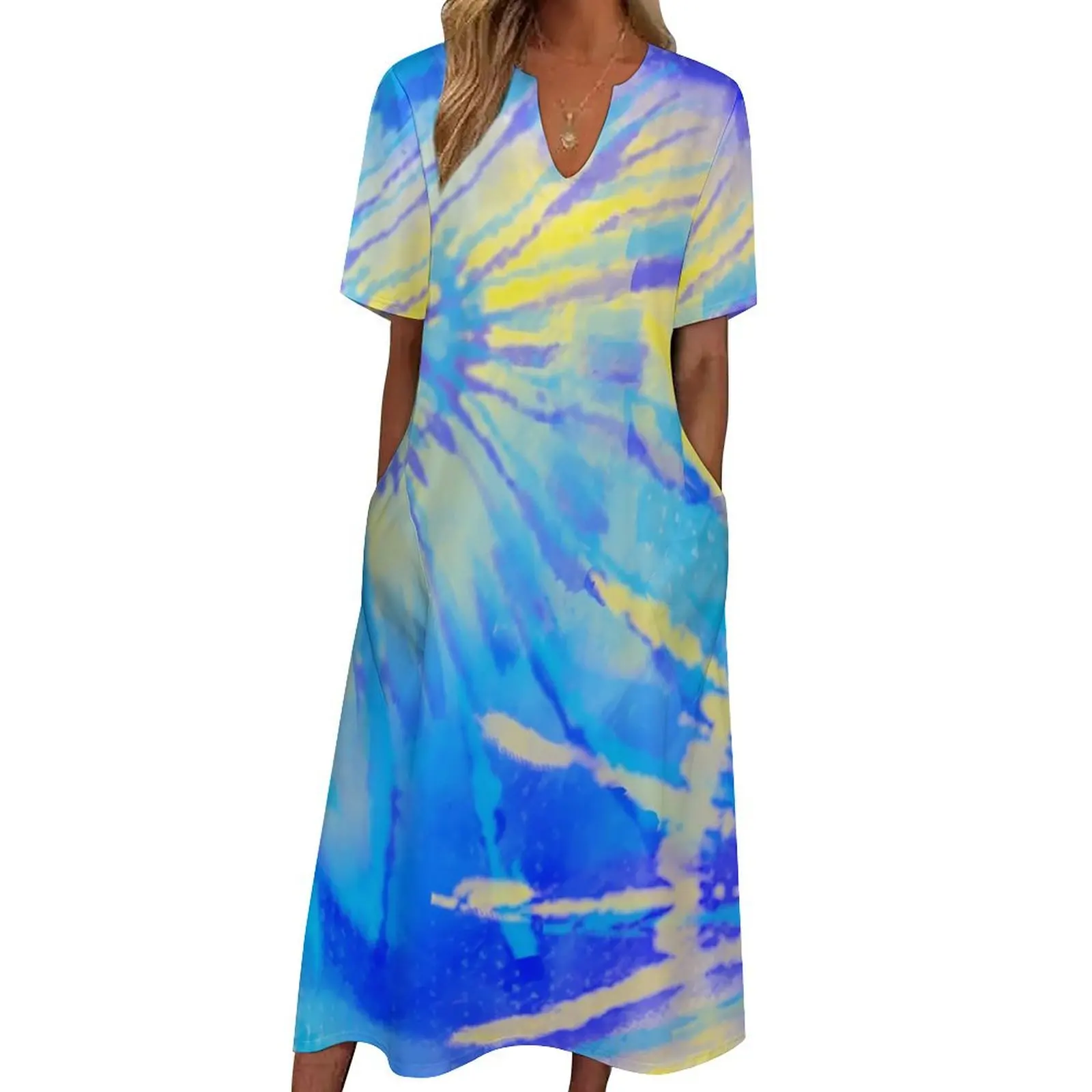 Blauwe Tie Dye Jurk Zomer Abstracte Kunst Print Koreaanse Mode Boho Strand Lange Jurken Dames Elegante Maxi Jurk Verjaardagscadeau