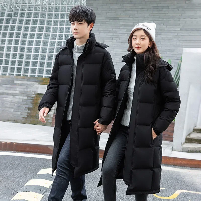 New Over-the-Knee Long Down Jacket Men  Women Couple Winter White Duck Down Thickened Korean Style School Uniform