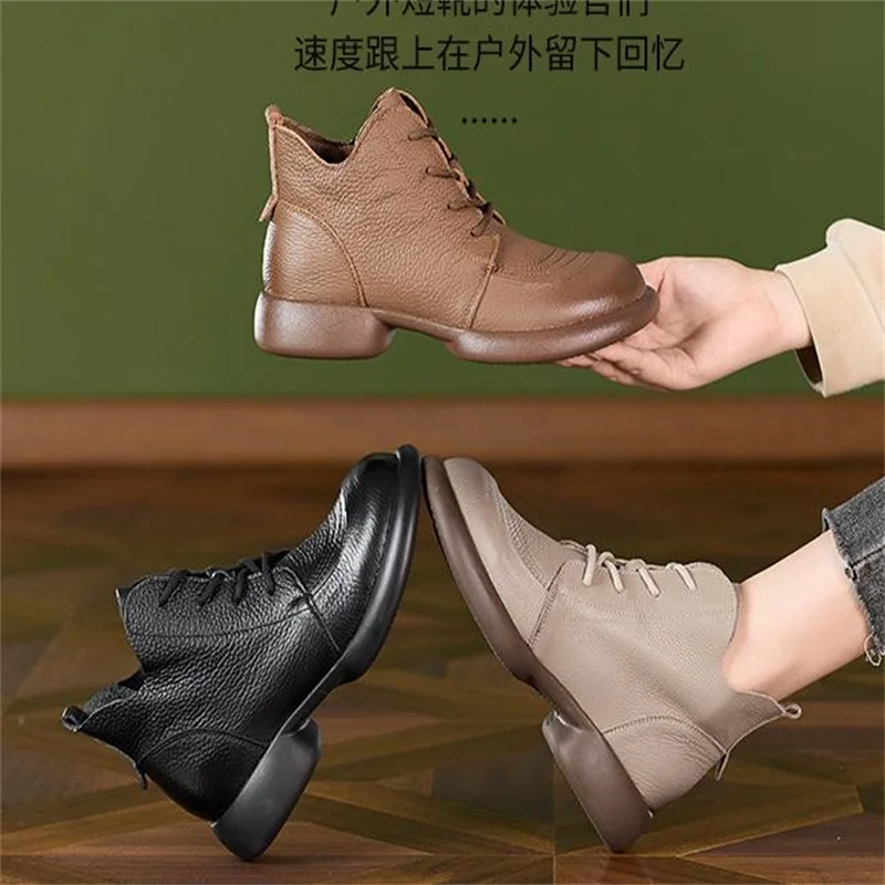 Classic Black Women Genuine Leather Boots Winter Warm Flat Heel Ankle Boots Ladies Round Toe Casual Leather Shoes 35 41