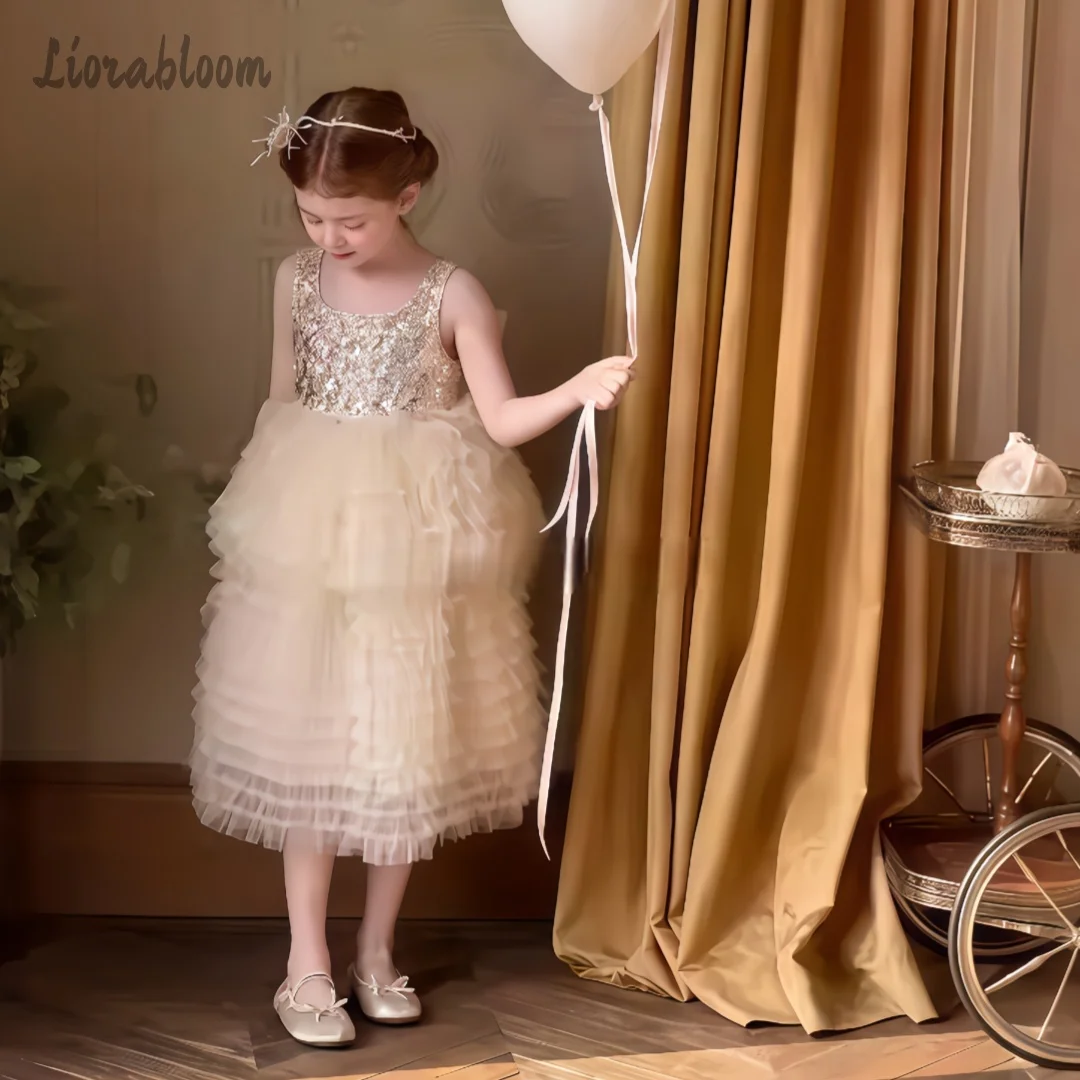 Abito da sera in tulle con paillettes a strati per bambina, abito corto da damigella d'onore, abito da festa, abbigliamento da matrimonio