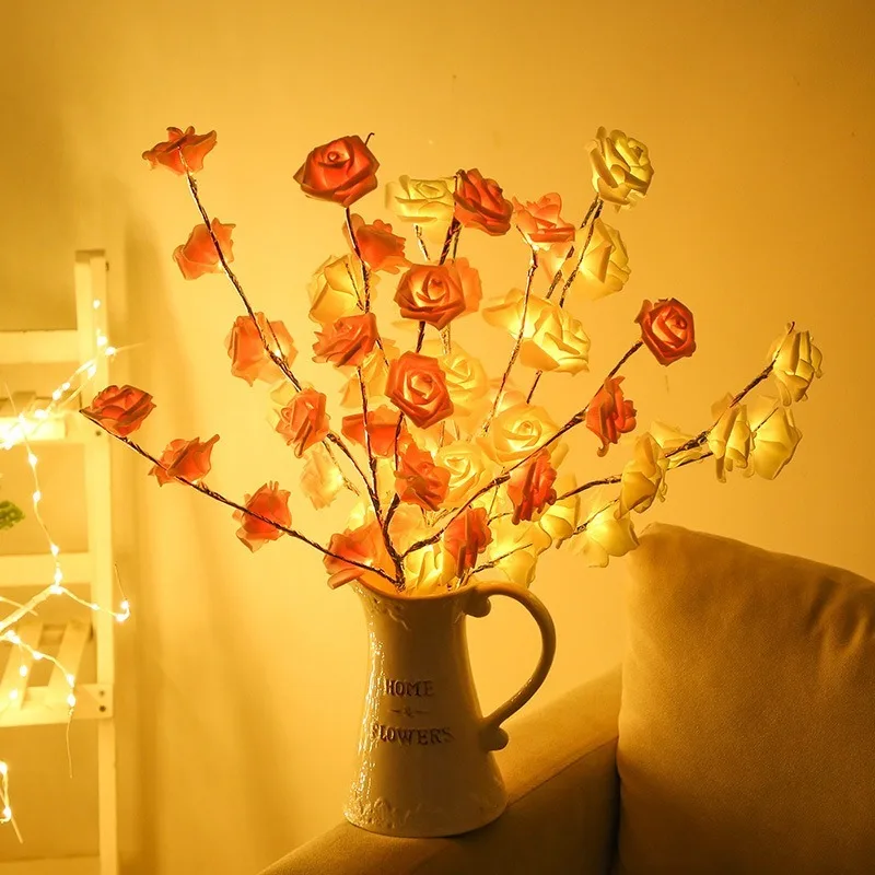 20 LED Branch Light Battery Powered Willow Branch Lamp Artificial Rose Twig Vase Lights for Party Fairy DIY Room Wedding Decor