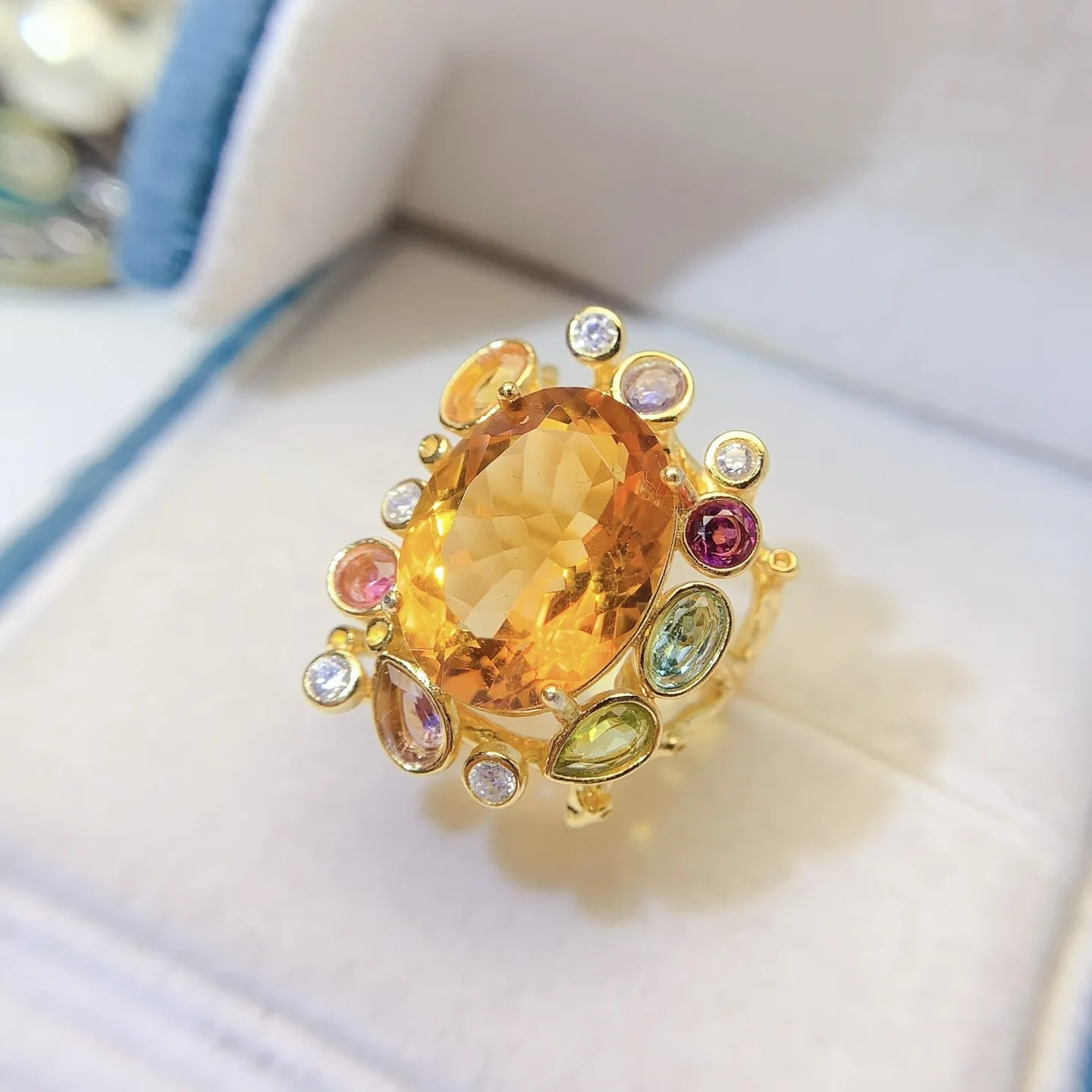 Natural Citrine Ring 12*16mm Oval Stone Gold Plated S925 Silver Multi Color Gemstone Surround Adjustable Women Cocktail Jewelry