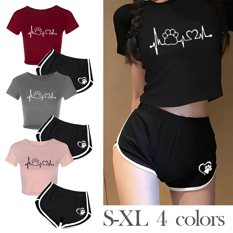 

Summer Two Piece Shorts Set American Retro T-Shirts Yoga Shorts Ladies Casual Pullover Athletic Shorts Sport Shorts Gym Workout