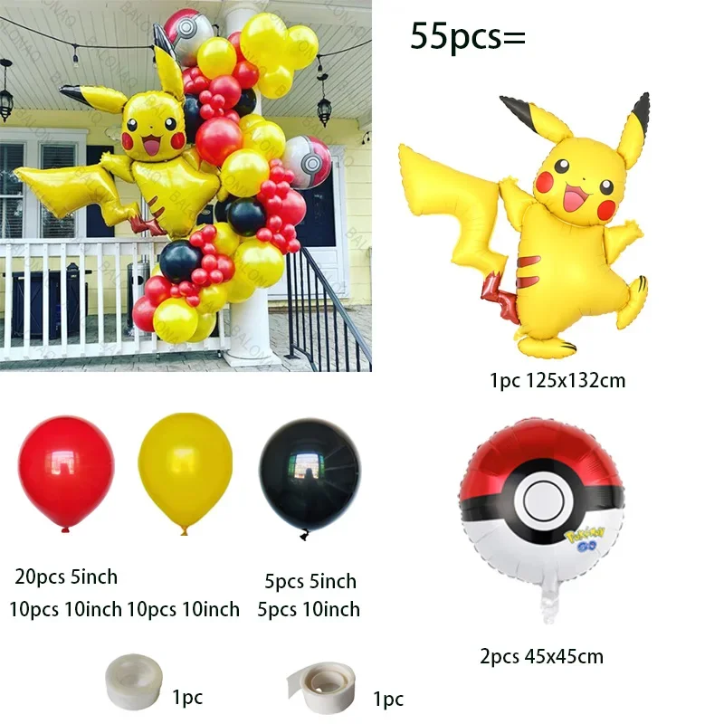 55pcs Pokemon Pikachu Balloon Garland Arch Kit Red Number 1-9 Foil Balls for Kids Birthday Parties Baby Shower Decor Supplies