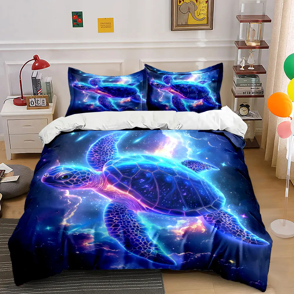 Neon cosmic sea turtle dream Print Bedding Set 1 Duvet Cover 2 Pillowcases for Adult and Children Luxury Gift Full Size