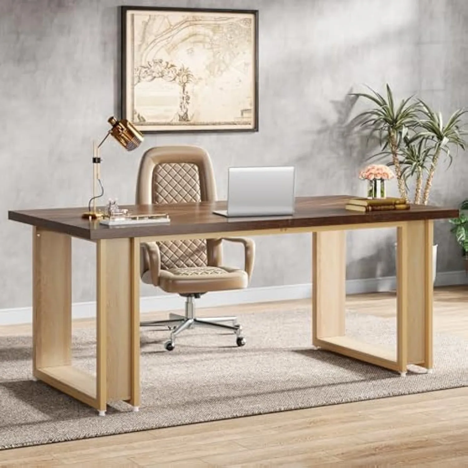 63-inch houten thuiskantoor voor studeerkamer, houten eenvoudig bureau, grote computerbureaus, rustieke bruine schrijftafel