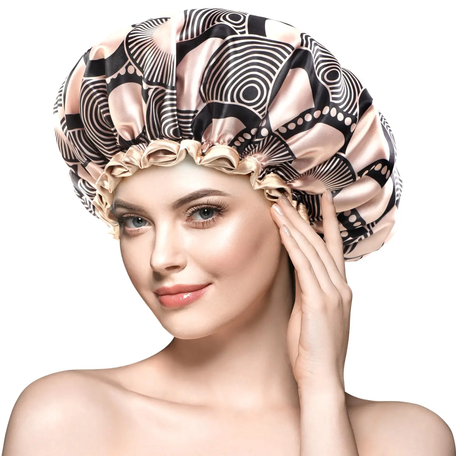 

Large Shower Cap for Women Long Hair, Champagne Shower Caps with Lace, Double Layer Waterproof, Reusable, Washable, Hig