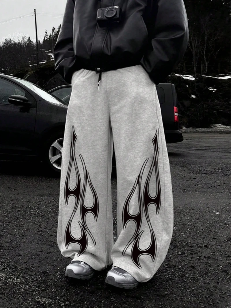 

Flame Print Gothic Street Style Straight Leg Sweatpants, Loose Fit, Unisex, Casual Street Wear, Comfortable, Suitable