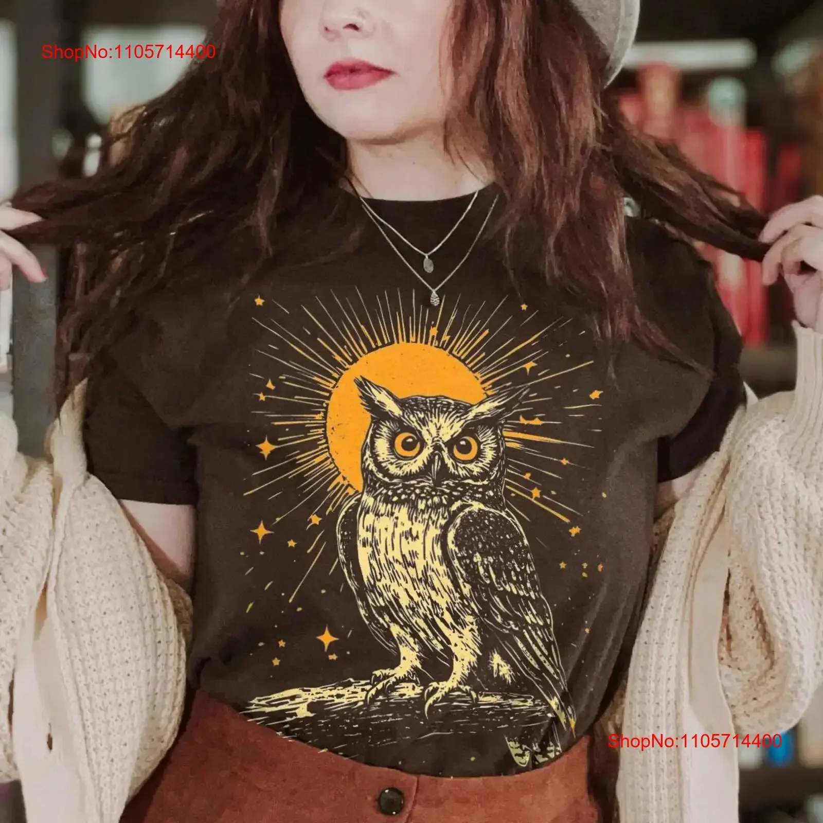 Vintage Celestial Owl T Shirt Linocut Style Folklore Cosmic Enchanted Forest for Her Forestcore Cottagecore Clothing vintage