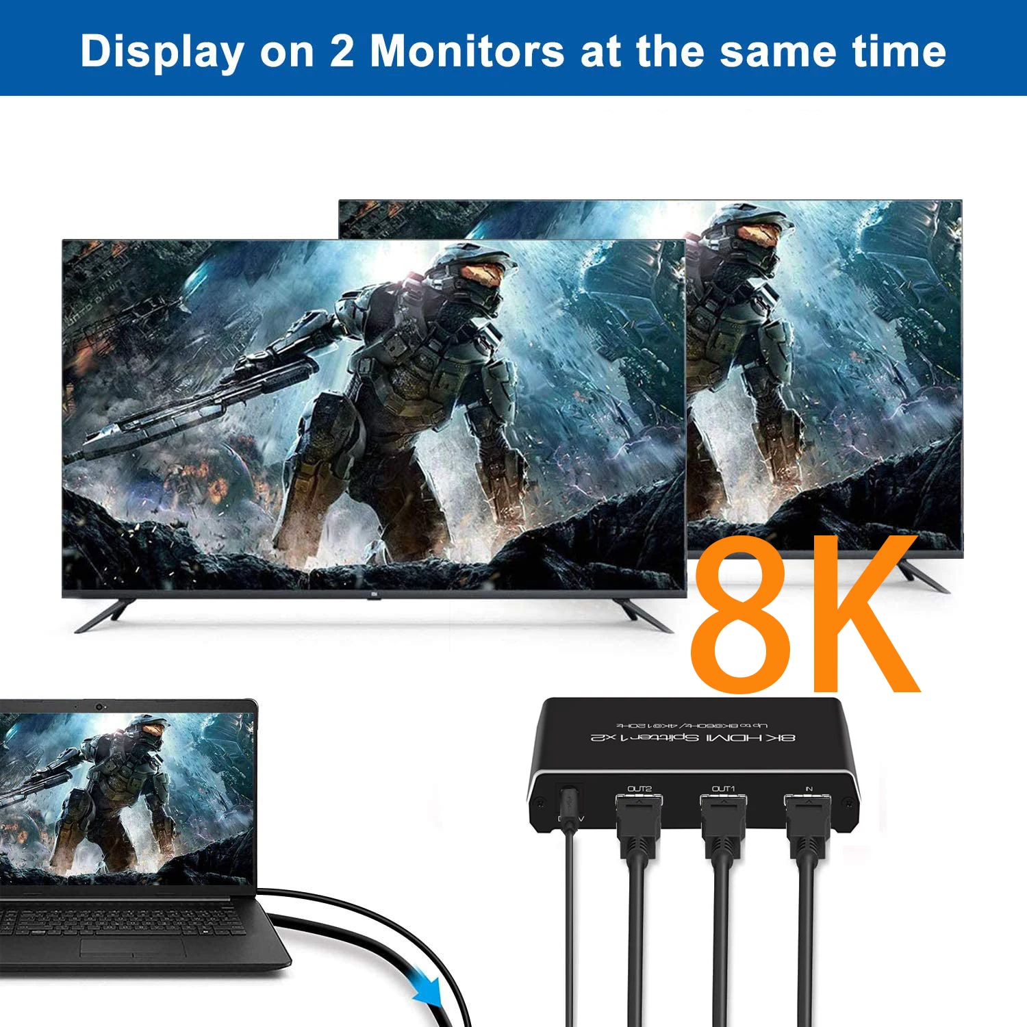 

8K 60hz HDMI Splitter 4k 120Hz 3D HDR 1x2 Splitter 1 To 2 Dual Display HDMI2.1 Audio Video Distributor for PS4 PS5 Laptop To TV