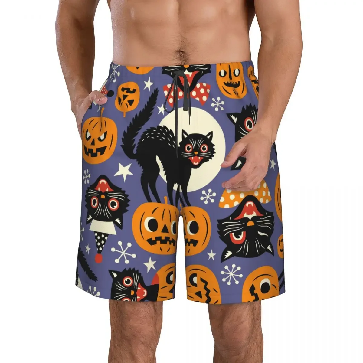 Vintage Spooky Cats And Halloween Pumpkins Quick Dry Swimming Shorts For Men Swimwear Swimsuit Swim Trunk Bathing Beach Wear