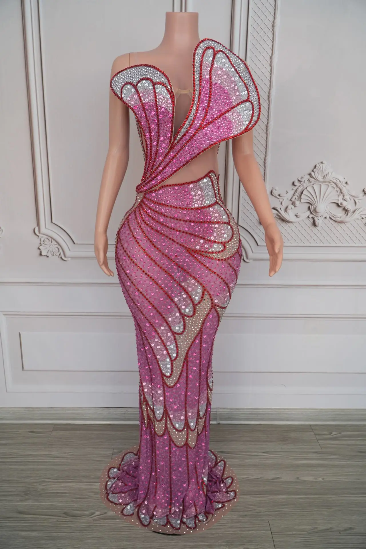 

Dieyi Luxury Women high-end Dress Pink 3D Butterfly Sexy Perspective Mesh Dress Celebrity Red Carpet Runway Dress Prom Gowns