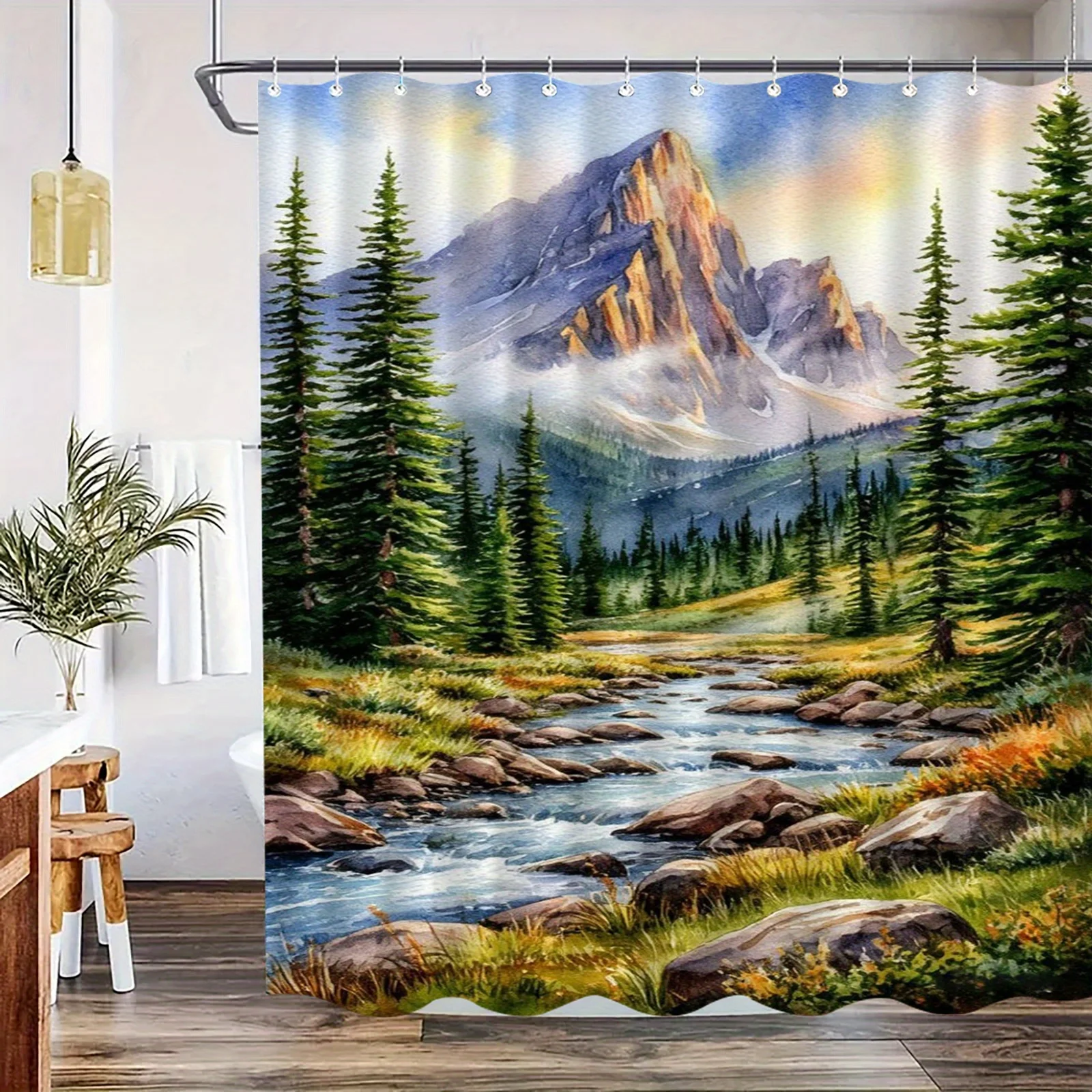 Mountain River Shower Curtain, Pine Forest & Stream Print, Nature Landscape Decor, Waterproof Polyester Fabric Bathroom Screen