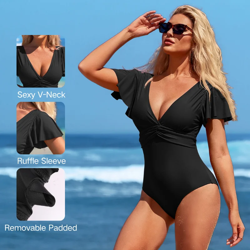 Attraco Women Fashion One-Piece Swimsuit Ruffle Full Coverage Tummy Control Bathing Suit V Neck Retro Removable Bra Swimwear