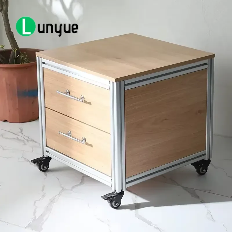 Industrial Solid Wood Birch Side Table with Aluminum Frame and Wheels Customizable Living Room Storage Locker Durable