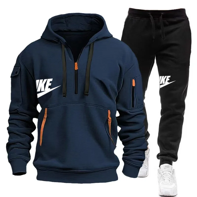 2024 new men\'s multi-pocket zipper hoodie + sweatpants two-piece jogging leisure fitness sports clothing set Large size S-3XL