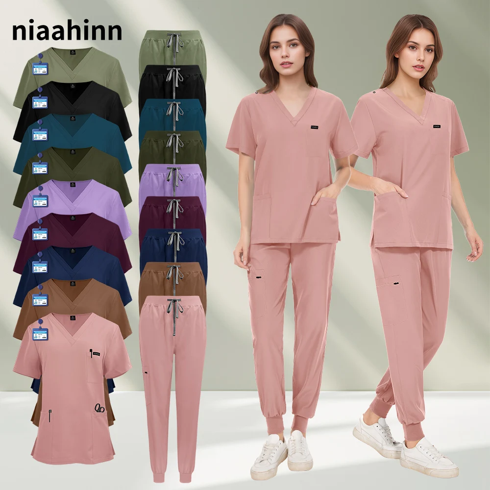 Wholesale Pharmacy Work Clothes Casual Short Sleeve V-neck jogger Sets Medical Nurse Uniforms Scrubs Women Set Nursing Uniforms