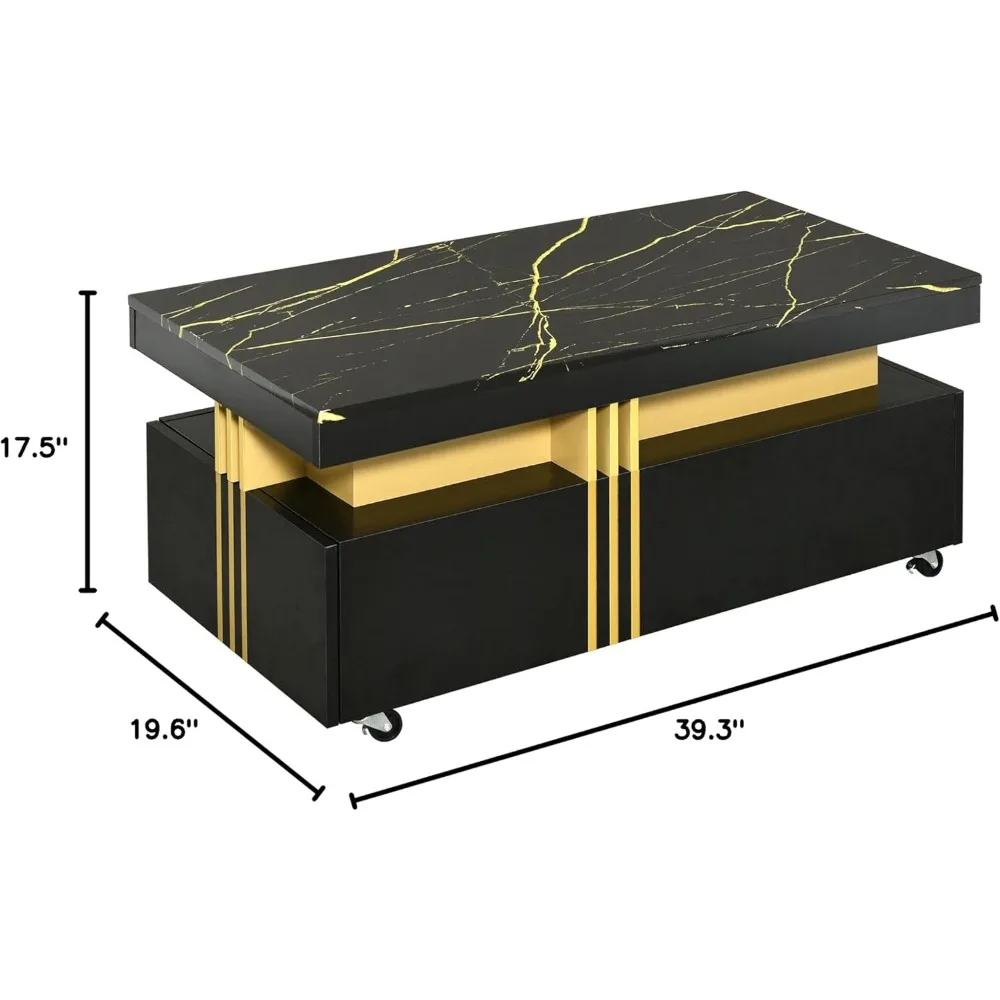 Coffee Table with Faux Marble Top, Modern Center Table with 2 Drawers & Caster Wheels, Contemporary Luxury Cocktail Table with