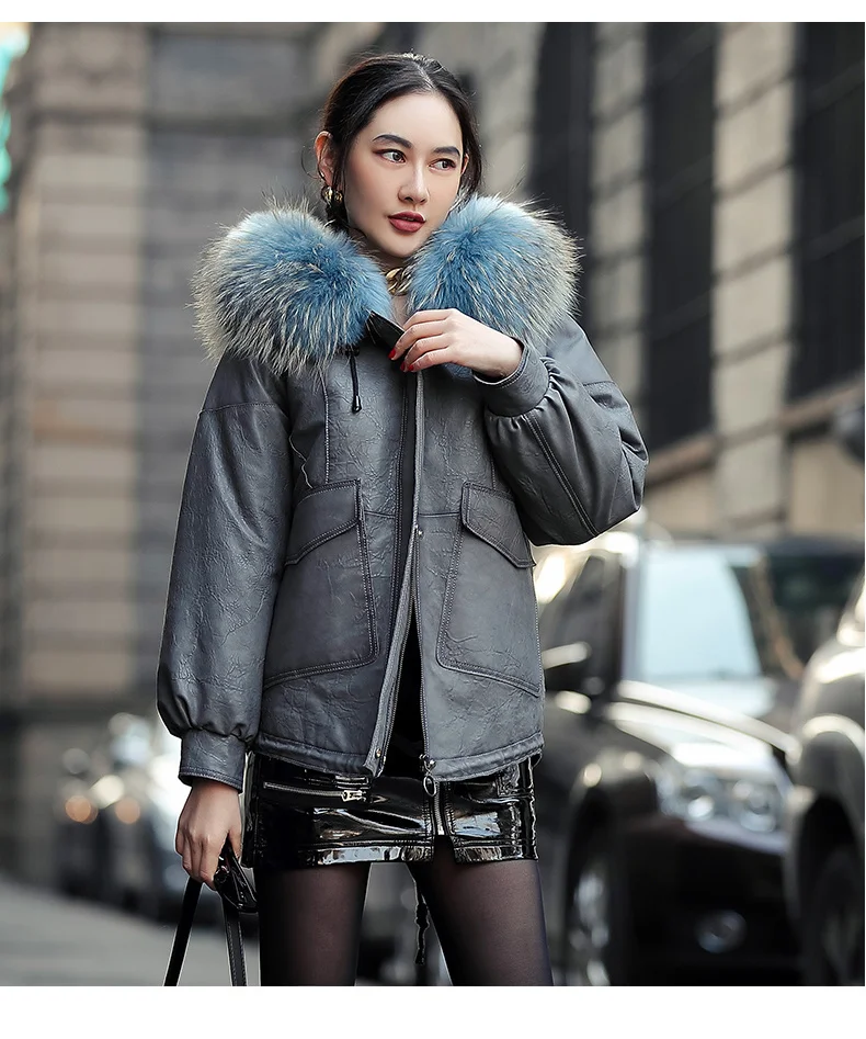 

2024 Real Leather Jacket Women Down Jackets Short Sheepskin Coat Female Winter Parkas Raccoon Dog Fur Collar Abrigo Mujer