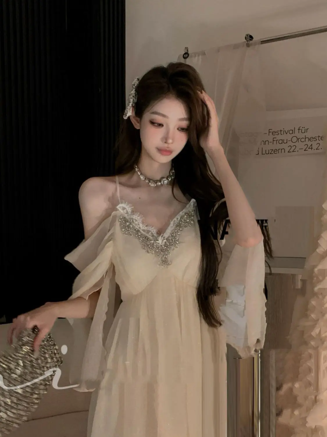 Japan High-End Dress Chiffon A-Line Bespoke Occasion Gown Decorate Dresses / It Is Recommended To Wear White Underwear To Match