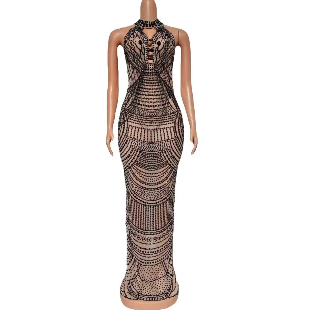 Goddess Senior Sparkly Photoshoot Props Homecoming Drill Chain Rhinestone Long Dress For Women Las Vegas Show Drag Queen Costume