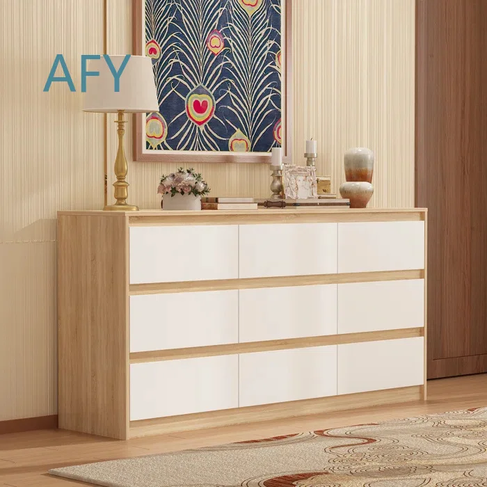 Modern Wooden Dresser for Bedroom Storage Furniture with 6 Drawers and 9-Compartment Wall Cabinet Ideal for Small Spaces Home