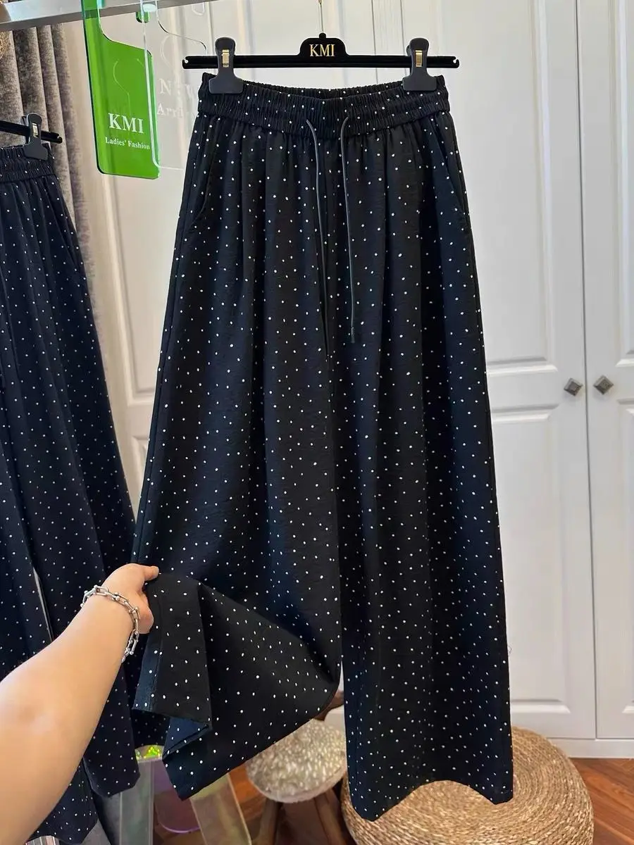 

plus Size Women's Casual Wide Leg Pants Spring Summer Slimming High Waist Straight Cut Floor Length Cool Feeling Polka Dot Tr...