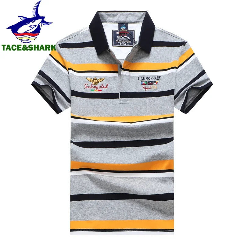 TACE&SHARK Brand Business Polo Shirt Men Summer Tops Shark Striped Polos Shirts for Male Military Fashion Casual Gray Clothing