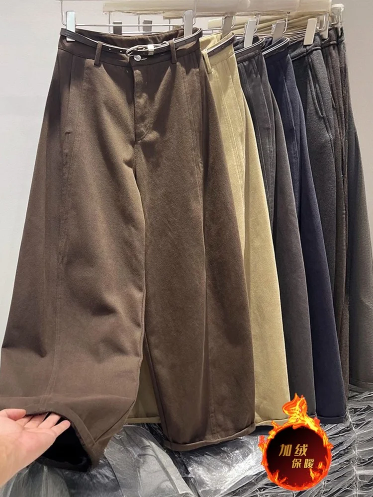 ハイウエスト裏起毛カジュアルストレートレッグパンツ レディース 冬新作 ゆったり着痩せ 暖かいワイドレッグロングパンツ