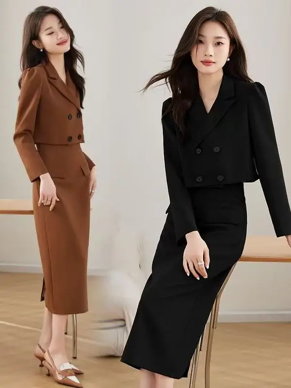 

High Waist Slim Fit Korean Sle Suit Jaet Double Buttoned ort Top And Skirt Set for plus Size Women Faionable Commute ...