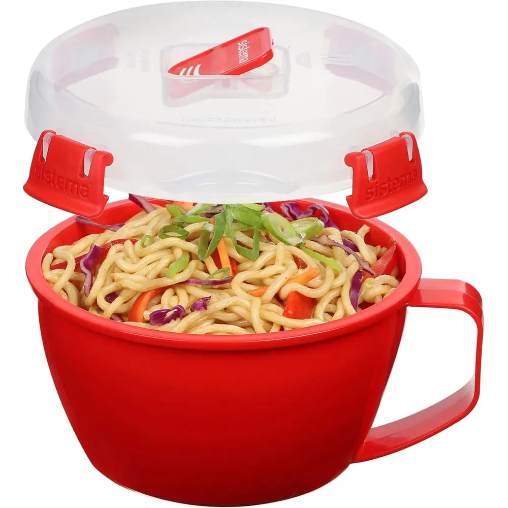 940mL Round Microwave-Safe Noodle Bowl with Lid and Steam Vent - Cooks Pasta, Soup, Stew - Dishwasher and Freezer Safe - BPA-Fre