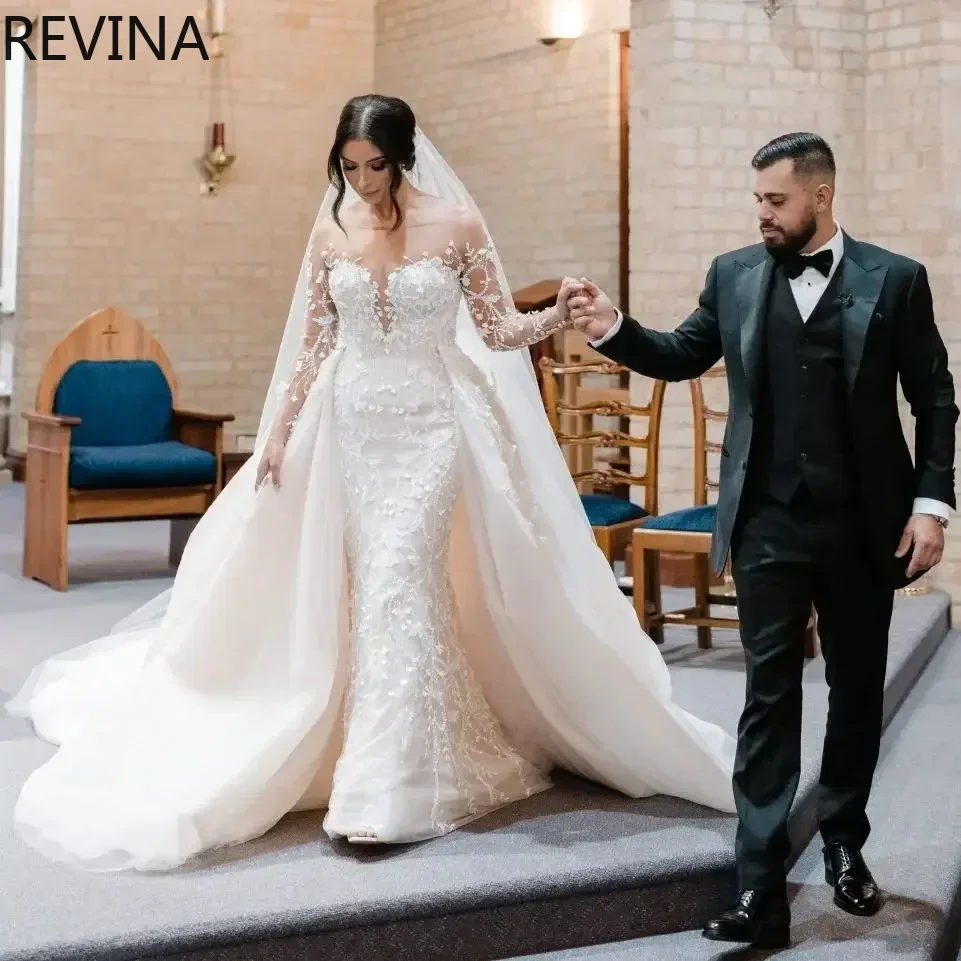

Luxury Mermaid Wedding Dress Detachable Tailed Long Sleeve V-neck Lace Beaded Bridal Dress Vestidos De Novia Customized