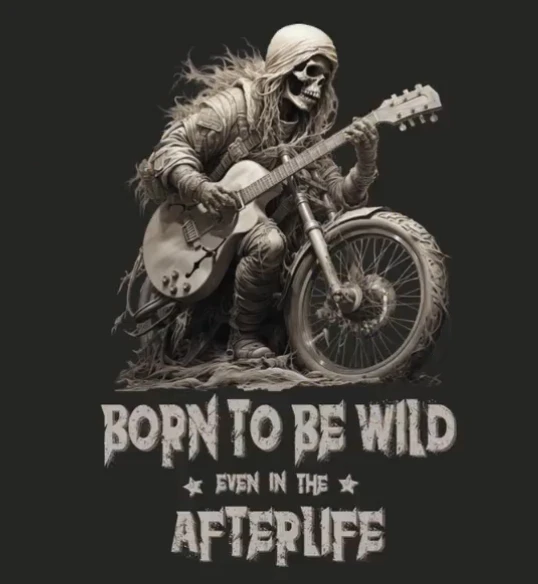 Vintage Skeleton Guitarist on Motorcycle 