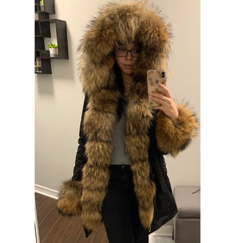 2024 frauen jacke Echt Waschbären pelz kragen knopfleiste pelz parka mantel mid-länge weibliche winter frauen winter jacke