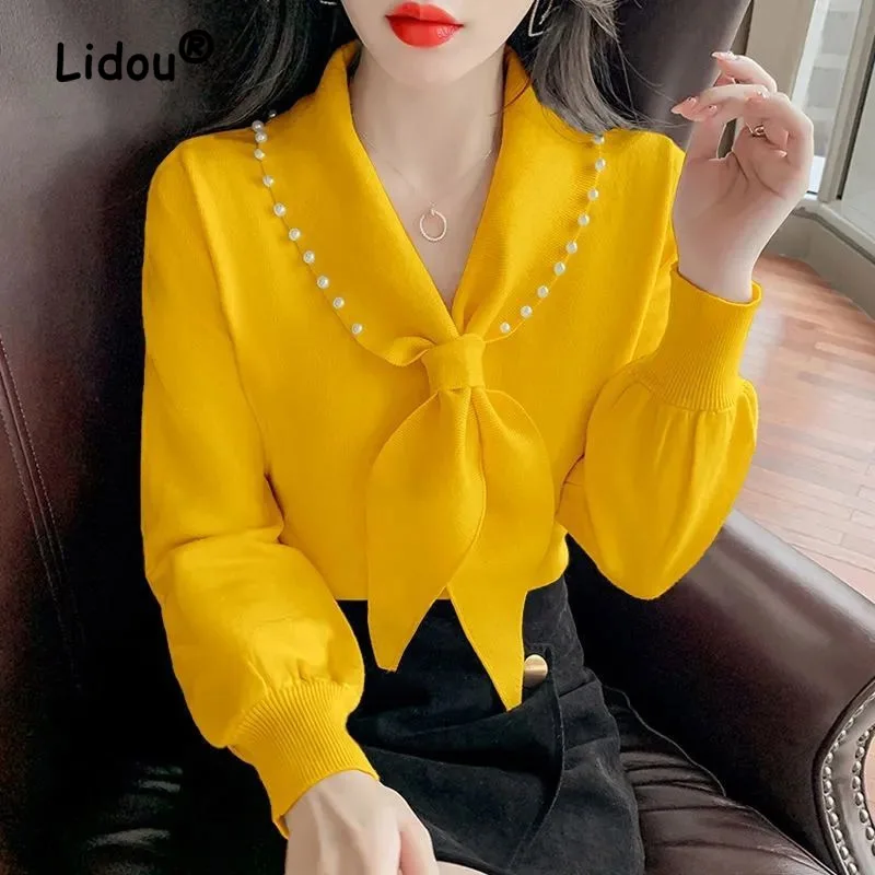 

Fashion Butterfly Bow Lacing Embroidered Flares Blouse Women New Classic Long Sleeve V-neck Decorative Border Office Lady Shirt