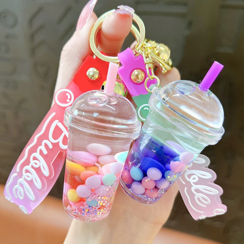 Cute Liquid Pearl Milk Tea Cup Key Chain Creative Quicksand Floating Jelly Bean Keyring Backpack Pendant Keychain Gift For Women