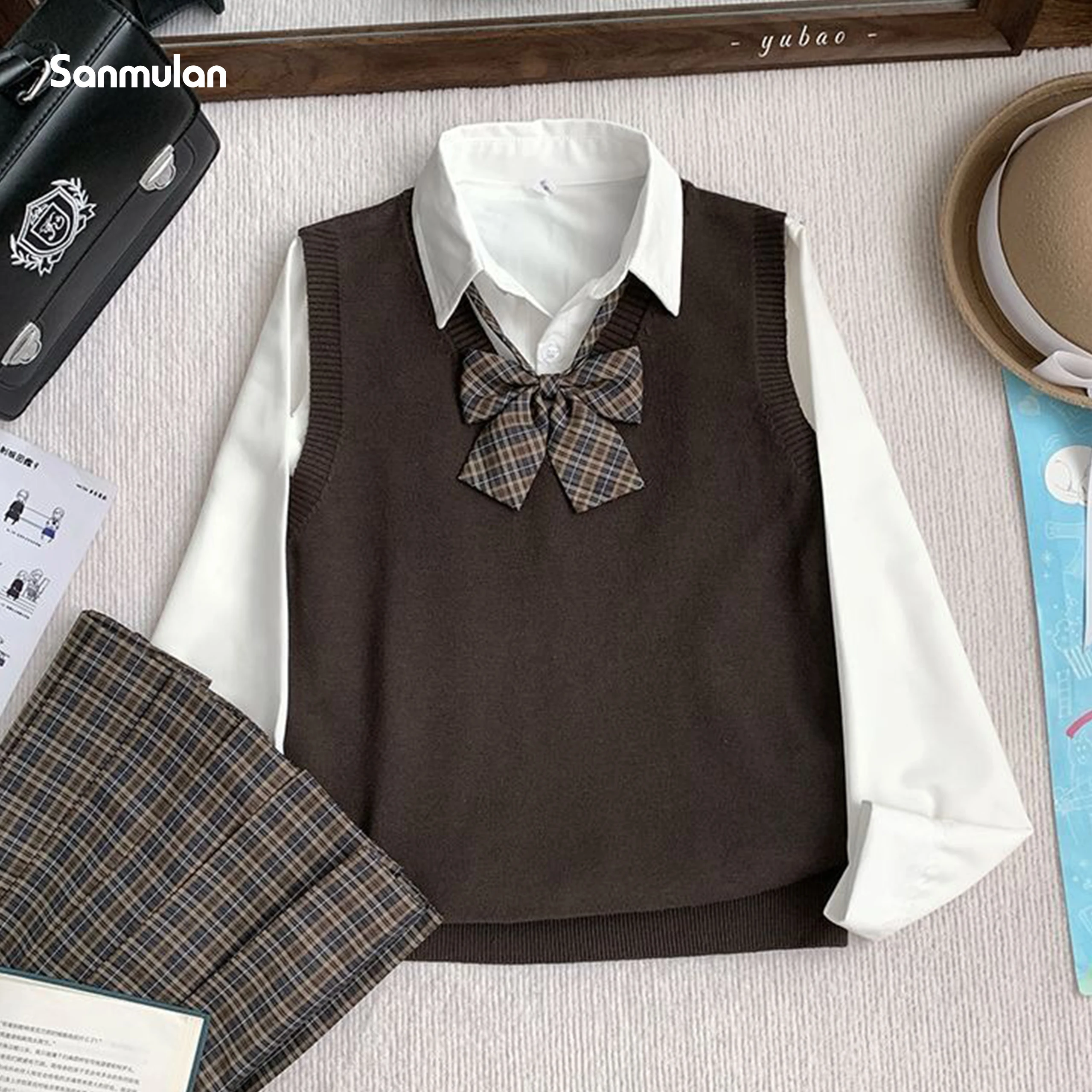 Japanese and Korean Style JK Plaid Skirt Sweater Shirt and Cardigan Set Preppy Autumn Layered Three-piece Set COS Female Student